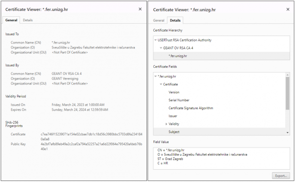 Slika 1 Digitalni certifikat domene fer.unizg.hr prikazan u pregledniku Google Chrome