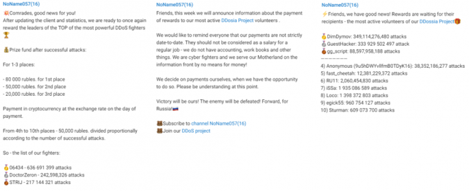 Messages in the Project DDoSia Telegram group regarding rewards