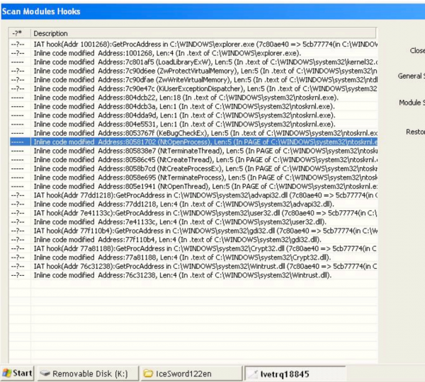     Primjer skeniranja hookova koristeći Icesword 